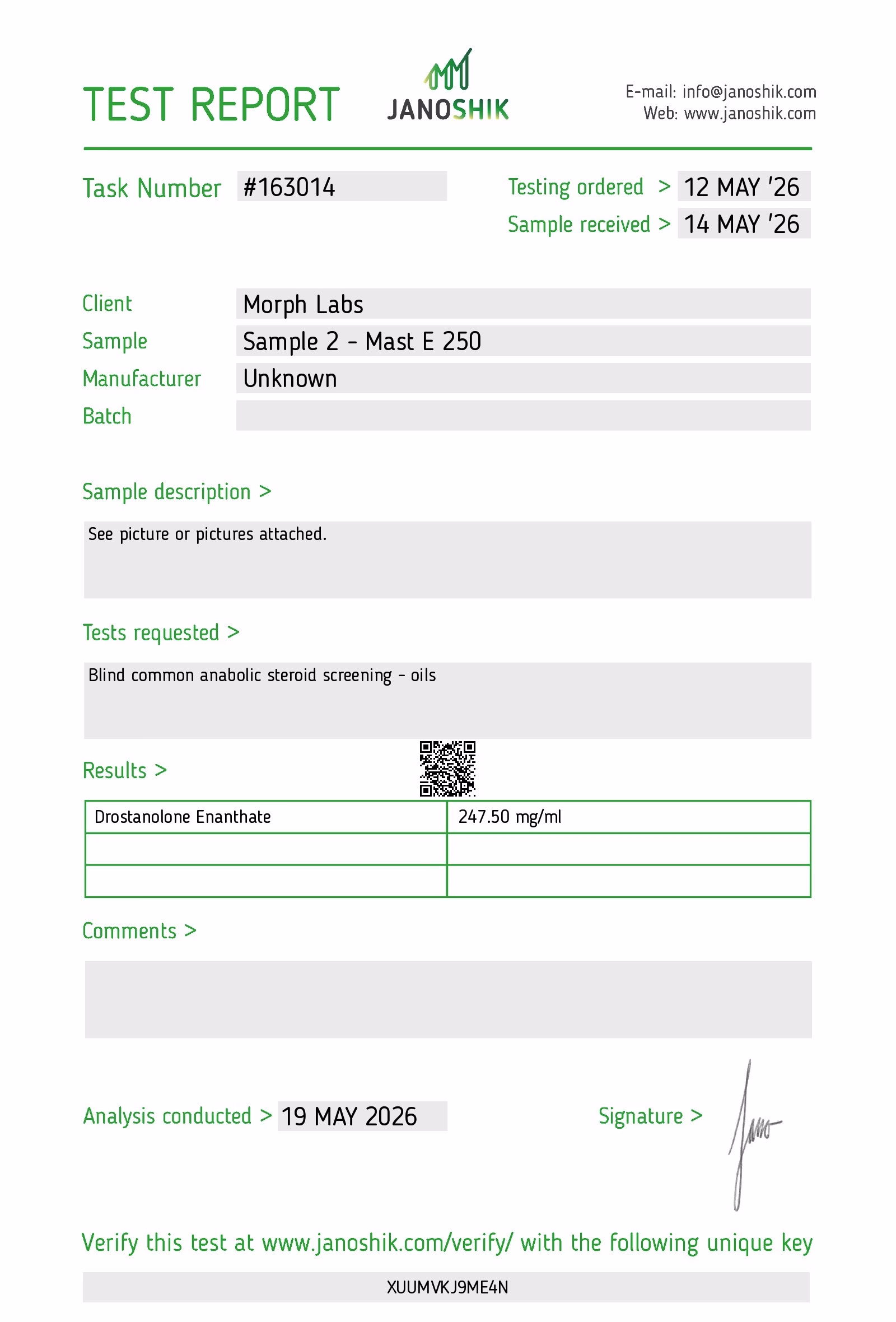 morph labs masteron enanthate 250mg janoshik lab test result